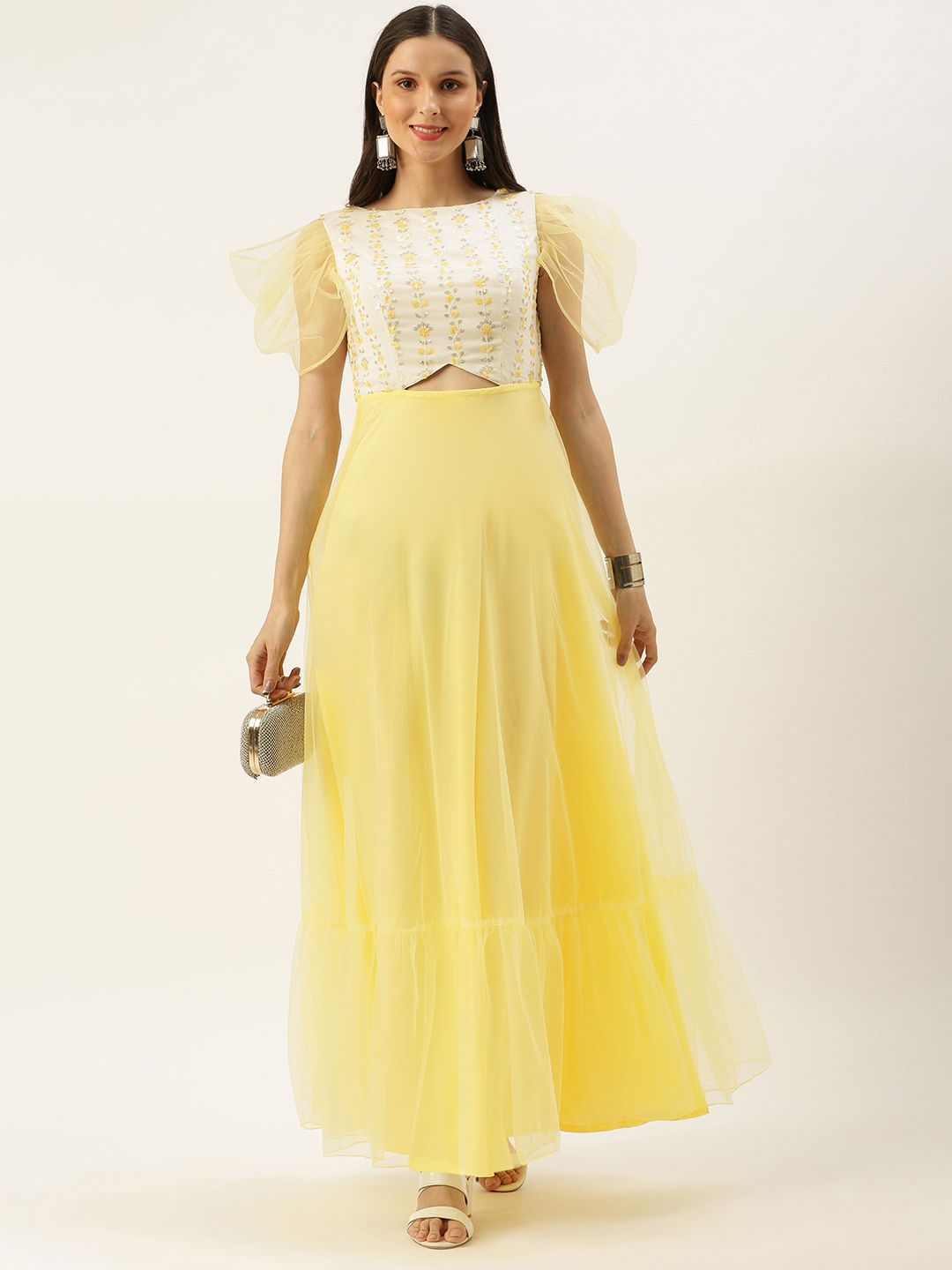 EthnoVogue Women Yellow & White Made To Measure White Embroidered  Gown Price in India
