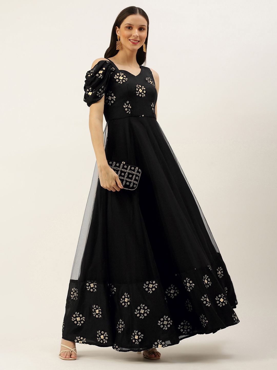 EthnoVogue Women Black Made To Measure Embroidered Cold-Shoulder Gown Price in India