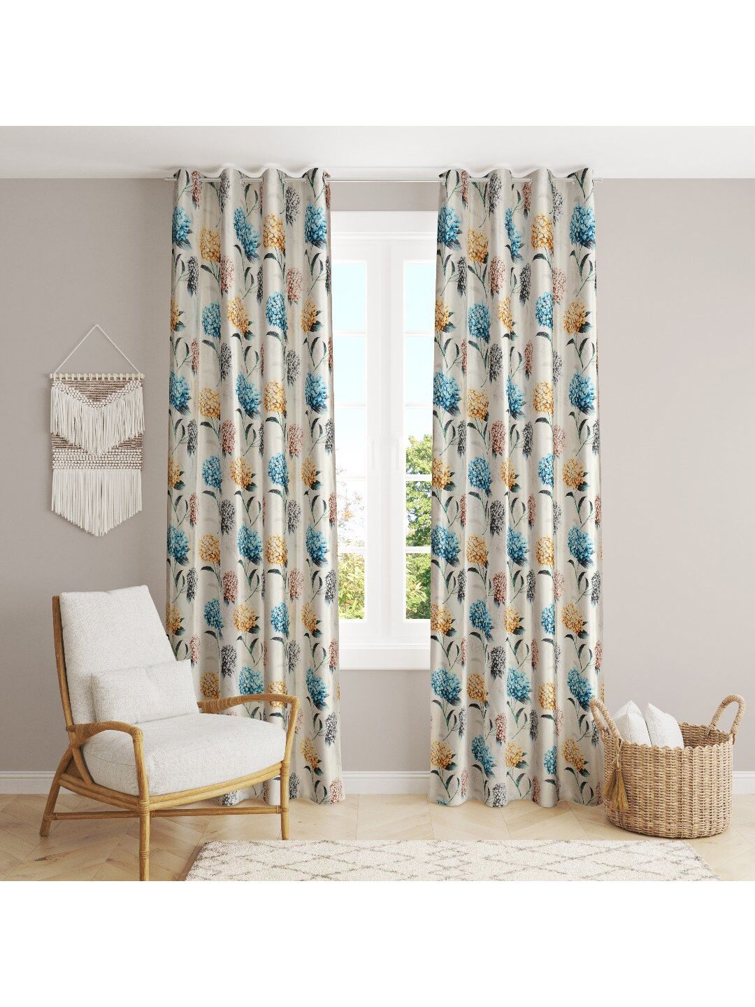MULTITEX Blue & White Set of 2 Floral Long Door Curtain Price in India