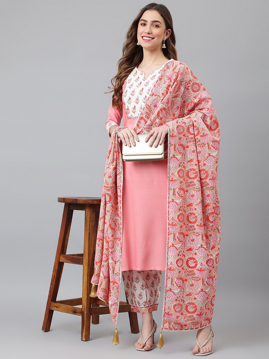 Khushal K Women Pink Ethnic Motifs Yoke Design Panelled Kurta with Palazzos & With Dupatta Price in India