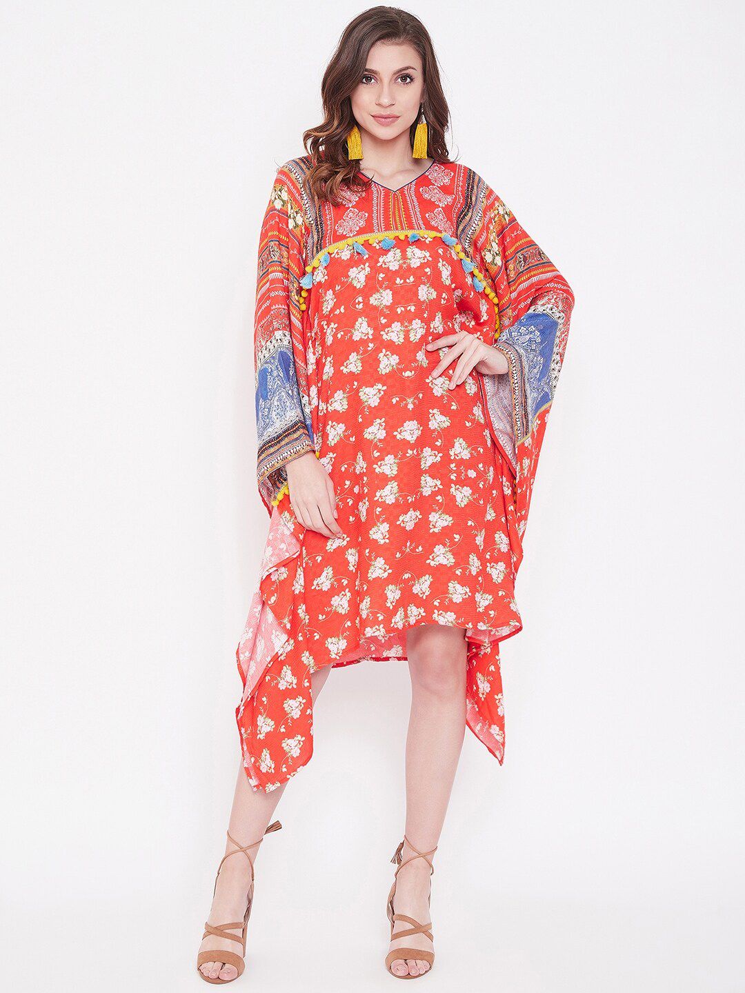 The Kaftan Company Red & sunset orange Floral Kaftan Dress Price in India