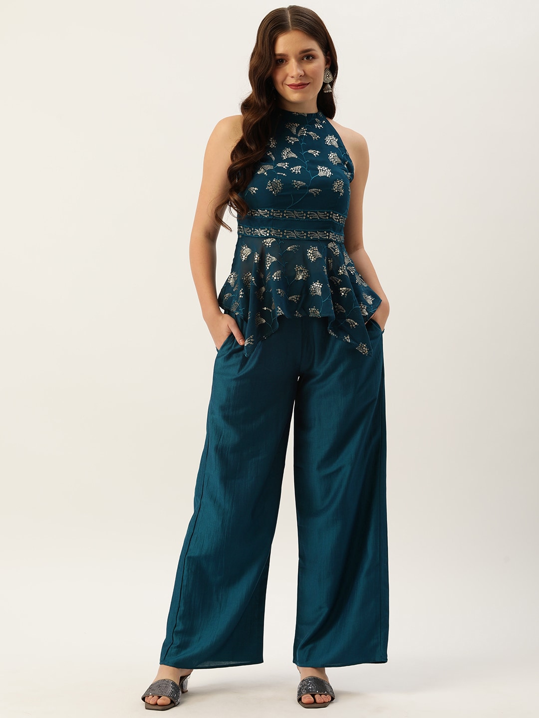 EthnoVogue Made To Measure Teal Blue & Gold Floral Embroidered Sequinned Co-ord Set Price in India
