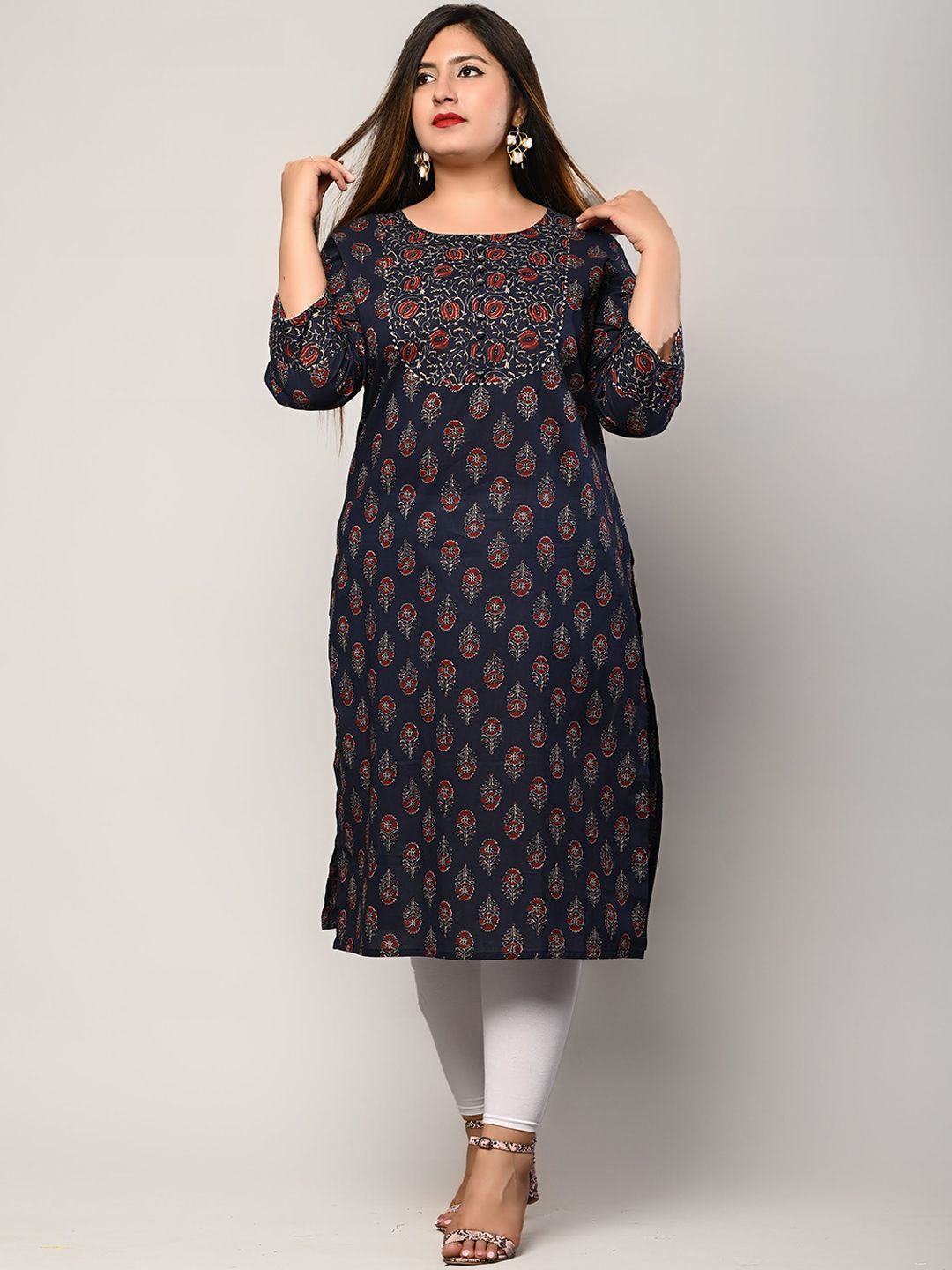 Swasti Women Blue Ethnic Motifs Printed Mirror Work Floral Kurta