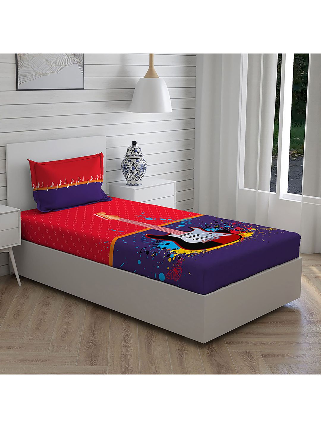 Boutique Living India Red & Blue Printed 210 TC Pure Cotton Single Bedding Set Price in India