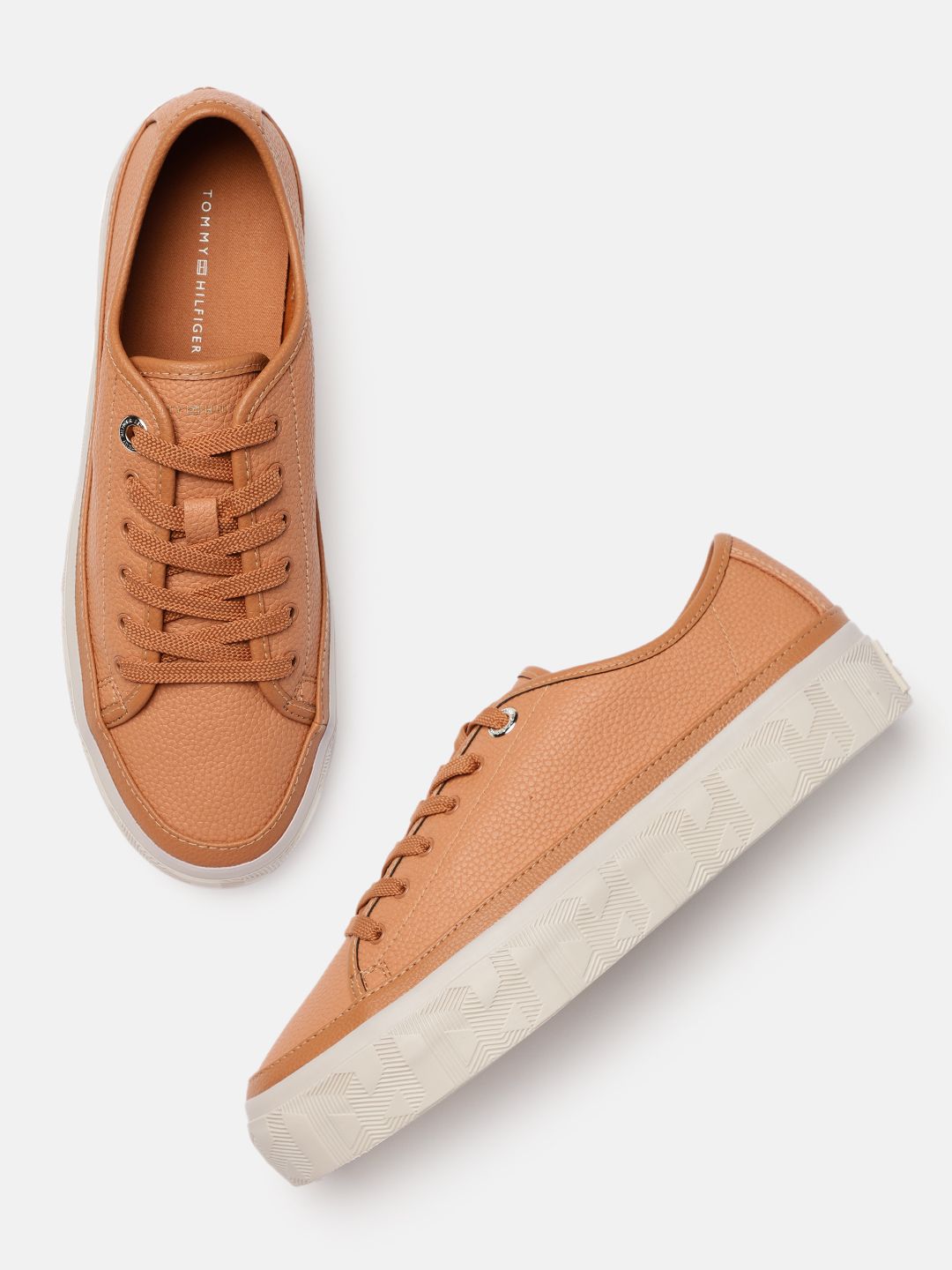 Tommy Hilfiger Women Tan Brown Textured Leather Regular Sneakers Price in India
