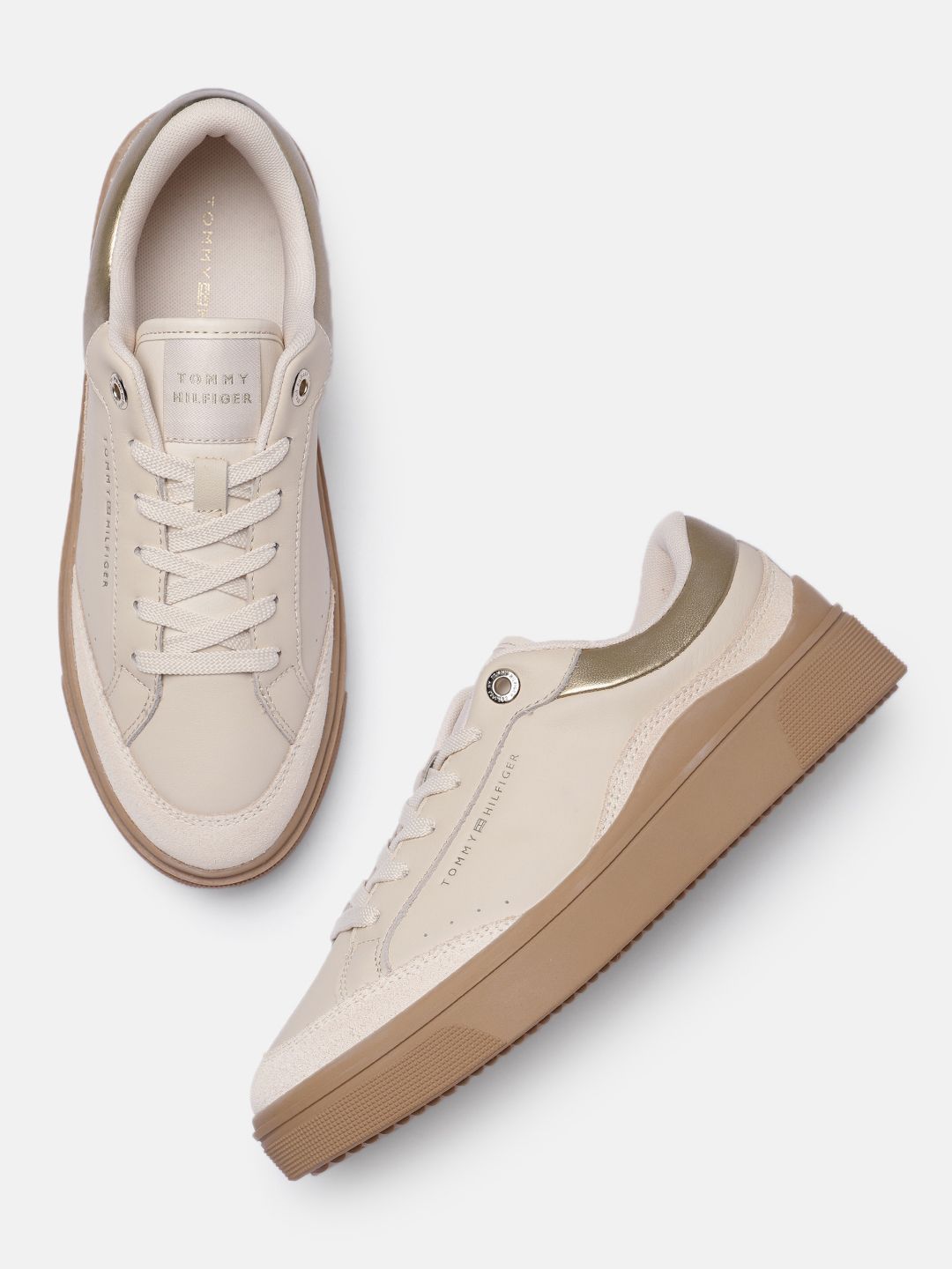 Tommy Hilfiger Women Beige Solid Leather Sneakers Price in India