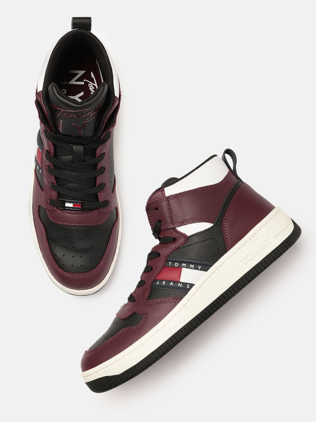 Tommy Hilfiger Women Burgundy & Black Perforated Leather Sneakers Price in India
