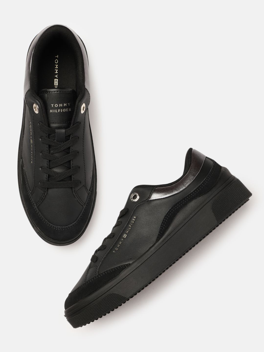 Tommy Hilfiger Women Black Solid Leather Sneakers Price in India