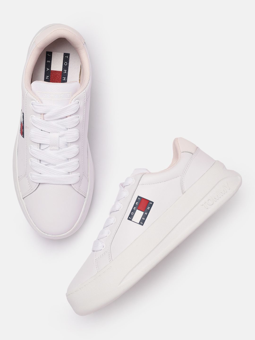 Tommy Hilfiger Women White Solid Leather Regular City Flatform Sneakers Price in India