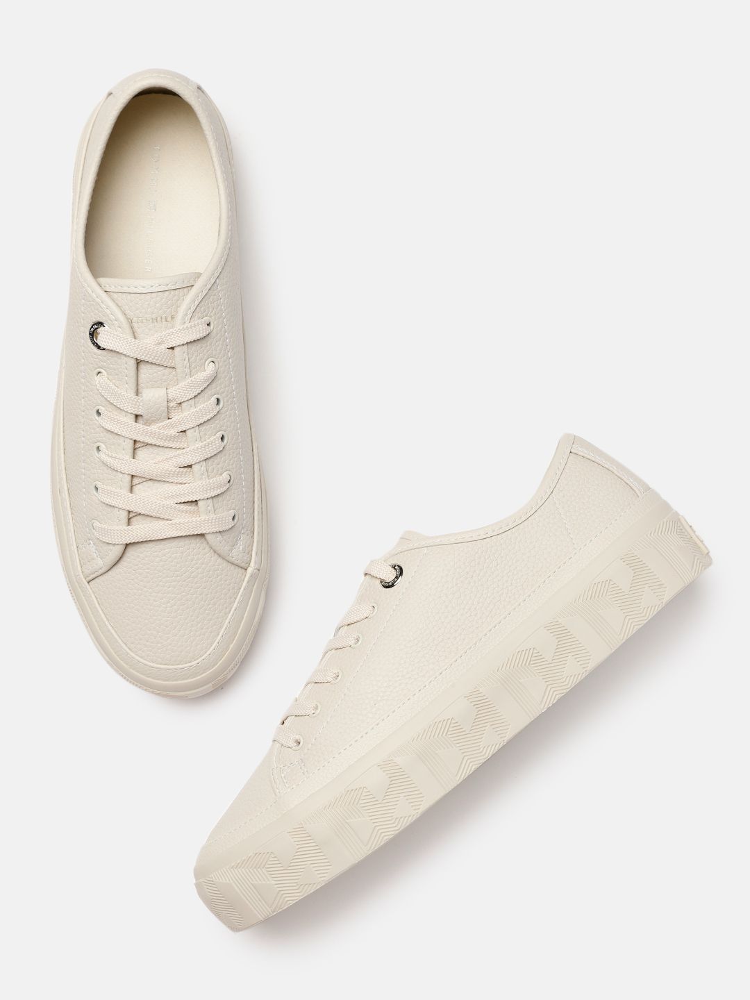 Tommy Hilfiger Women Off White Textured Leather Regular Sneakers Price in India