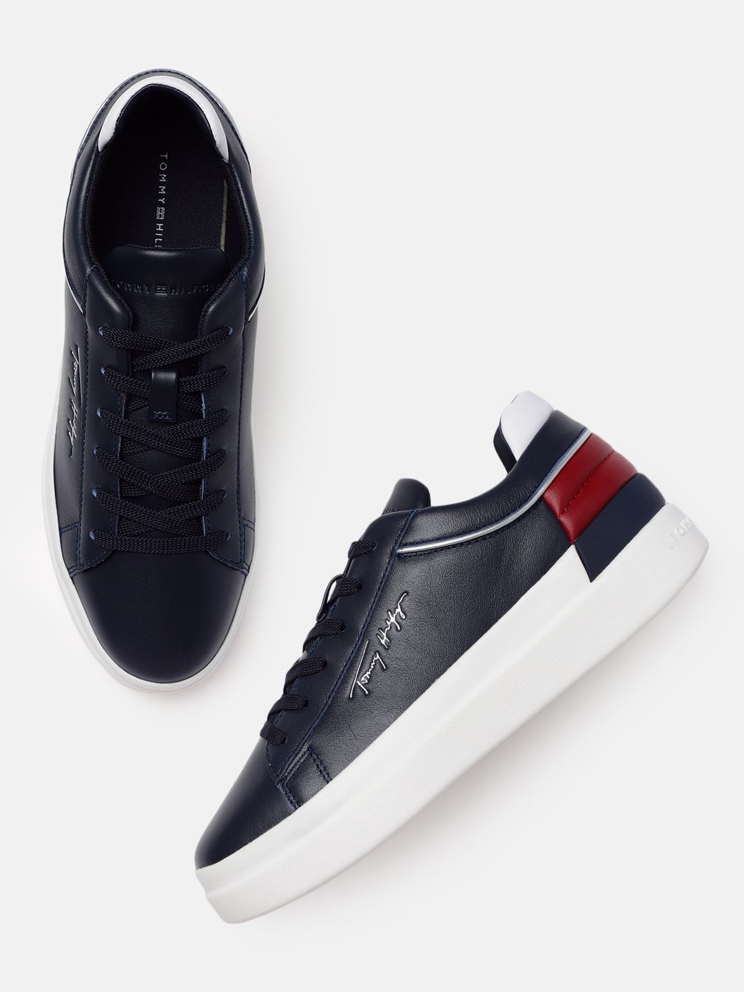 Tommy Hilfiger Women Navy Blue Leather Regular Sneakers with Brand Logo Embossed Detail Price in India
