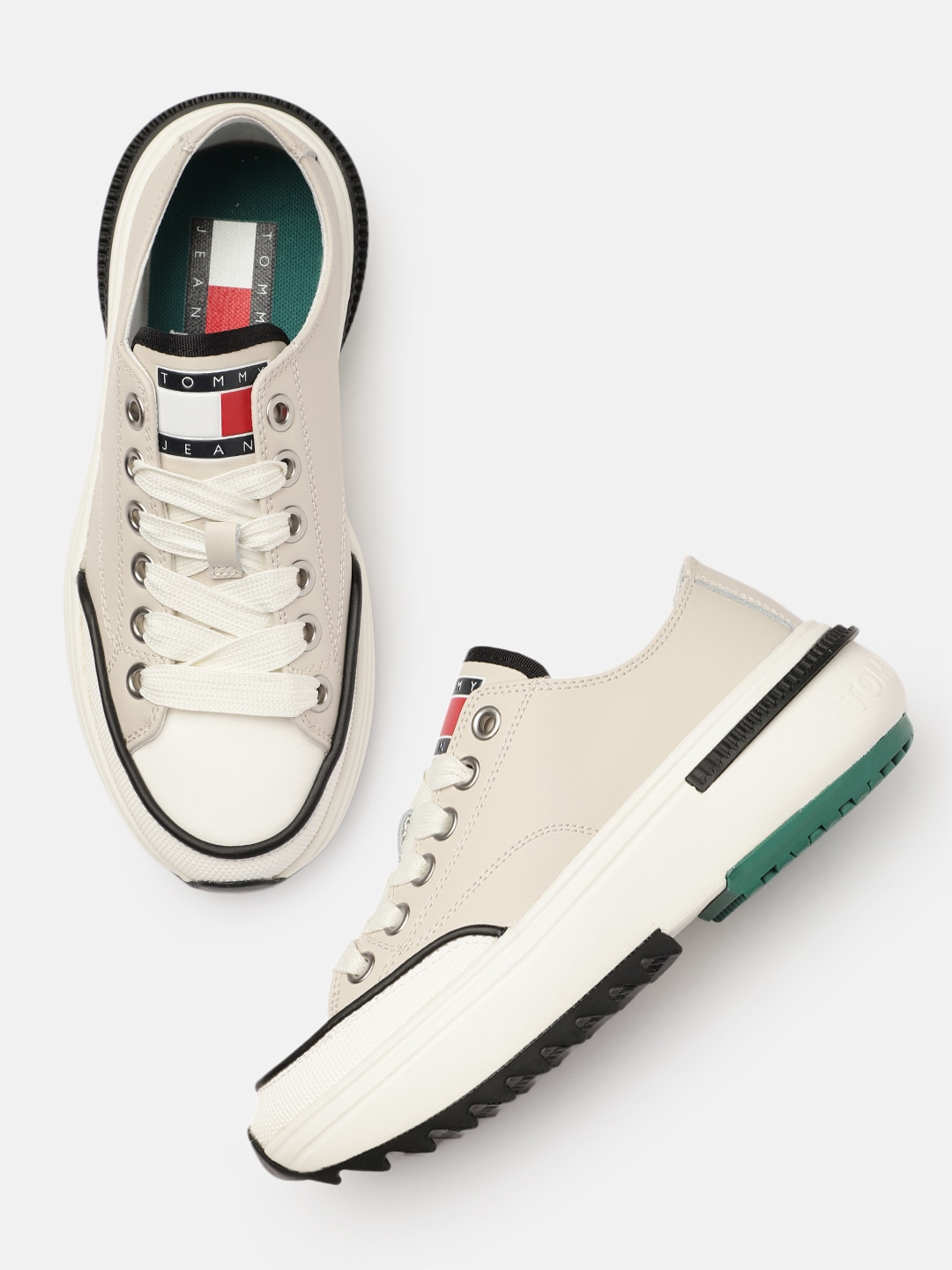 Tommy Hilfiger Women Beige Solid Leather Sneakers Price in India