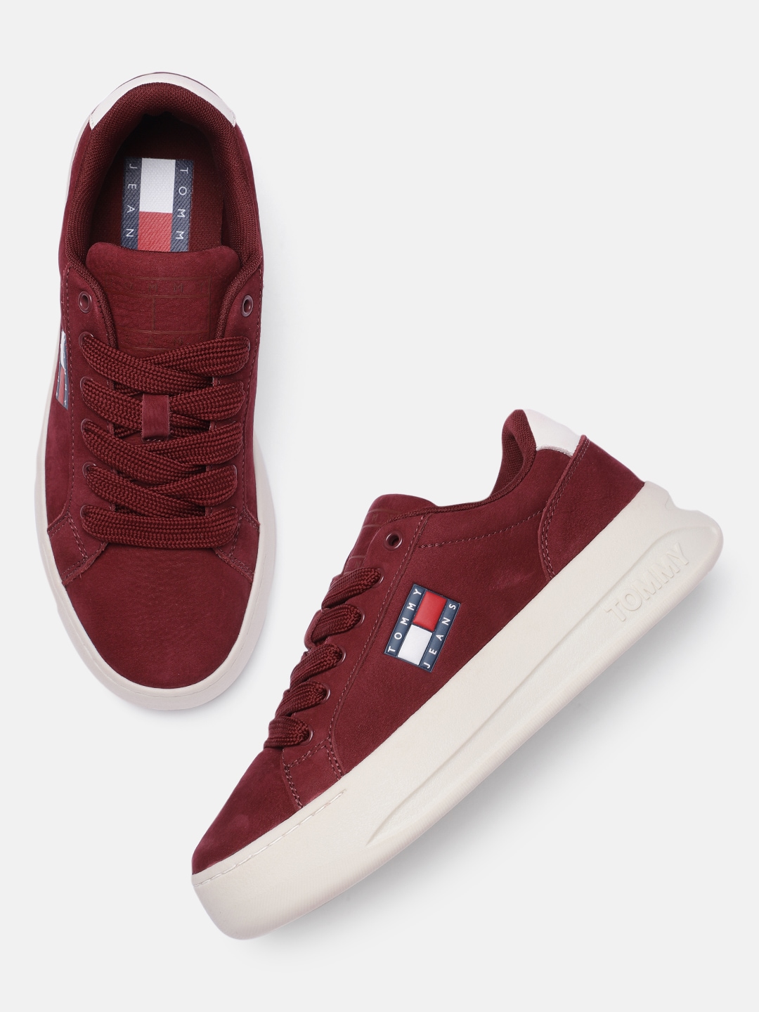 Tommy Hilfiger Women Burgundy Leather Sneakers Price in India