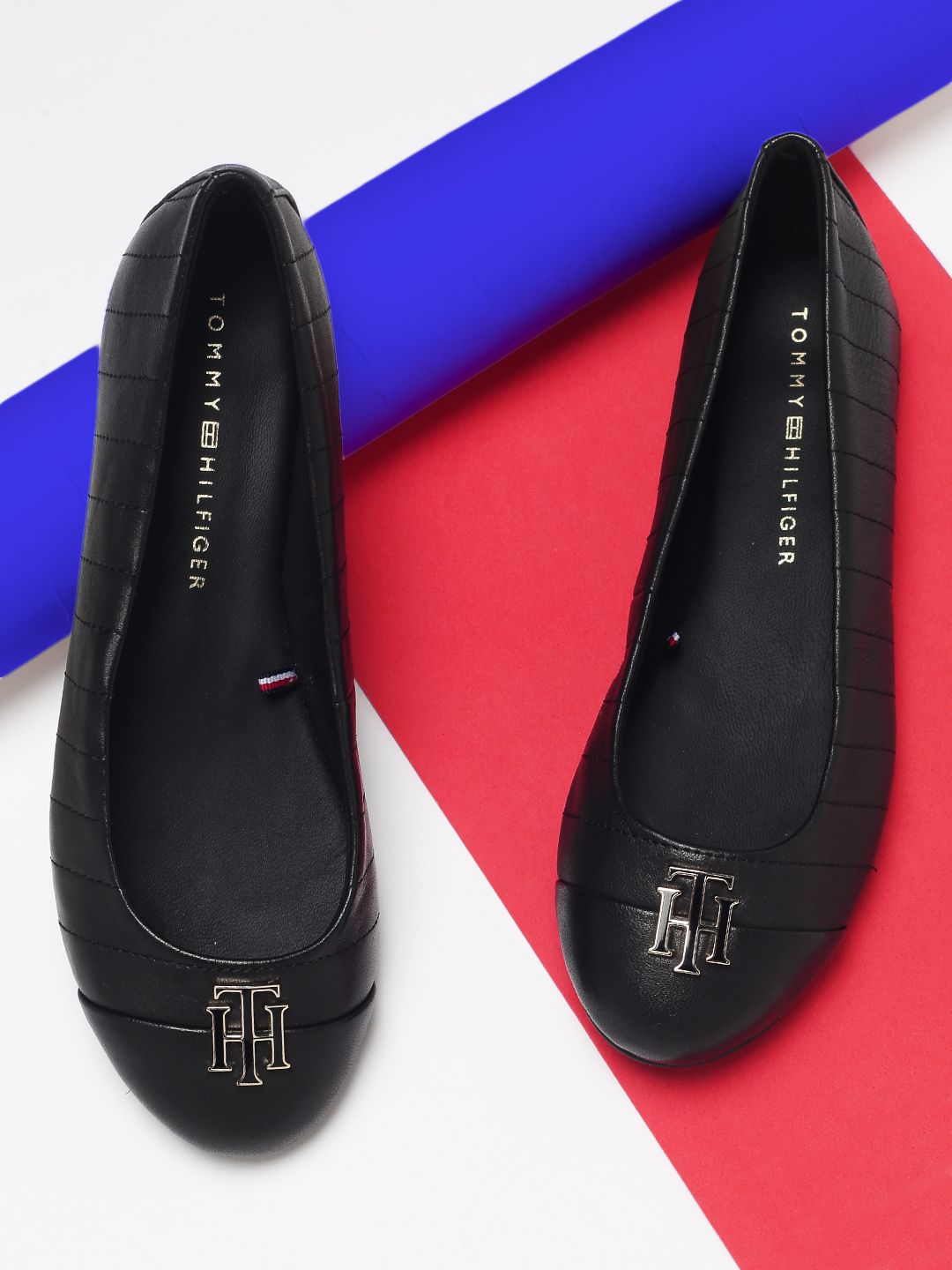 Tommy Hilfiger Women Black Textured Ballerinas with Buckles Flats Price in India