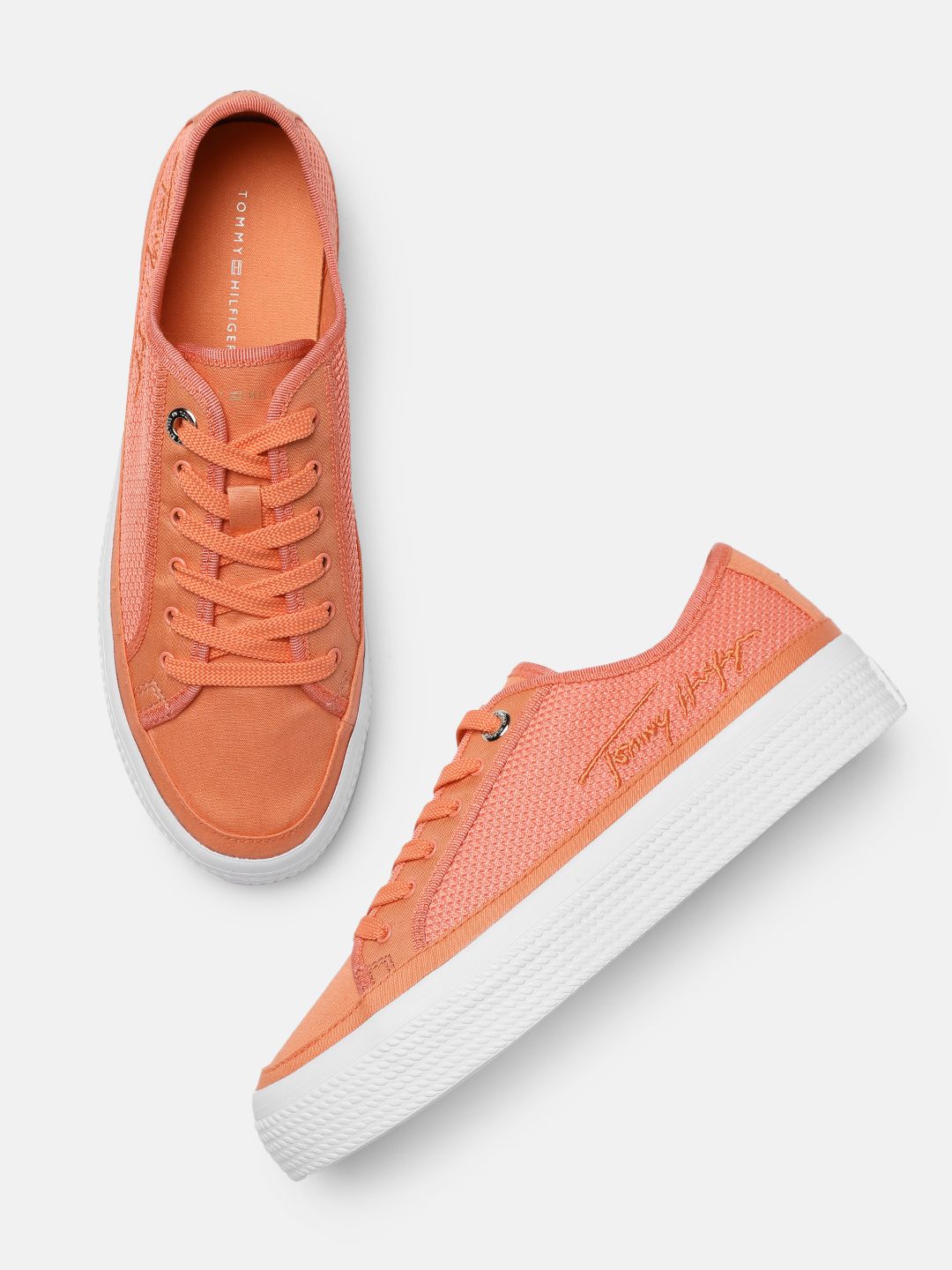 Tommy Hilfiger Women Coral Orange Woven Design Regular Sneakers Price in India