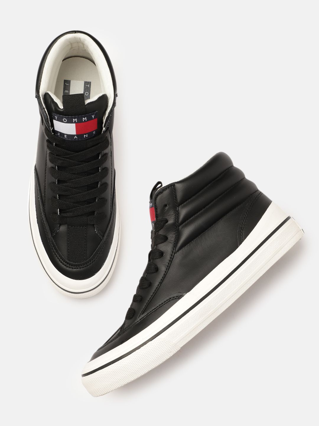 Tommy Hilfiger Women Black Leather Mid-Top Sneakers Price in India