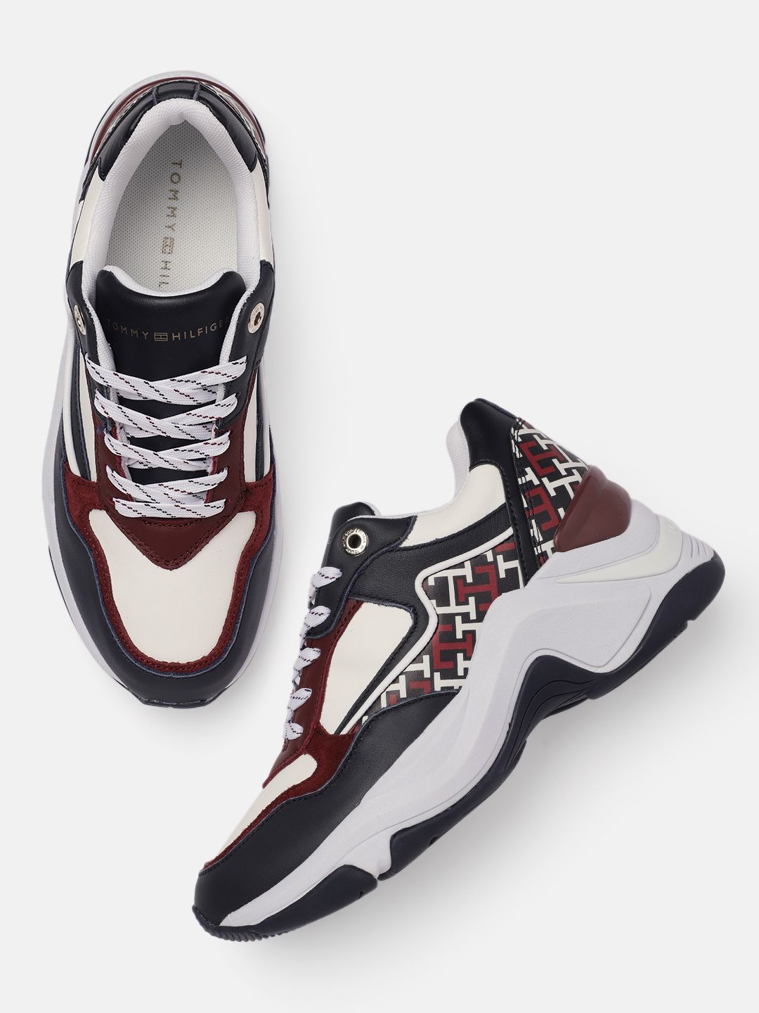 Tommy Hilfiger Women Red & Navy Blue Colourblocked Leather Sneakers Price in India