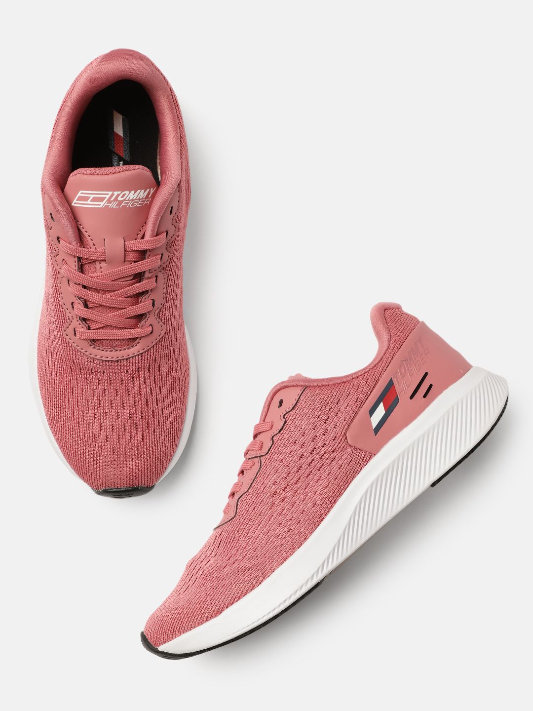 Tommy Hilfiger Women Dark Coral Pink Textured Regular Sneakers With Tech Foam Midsole Price in India