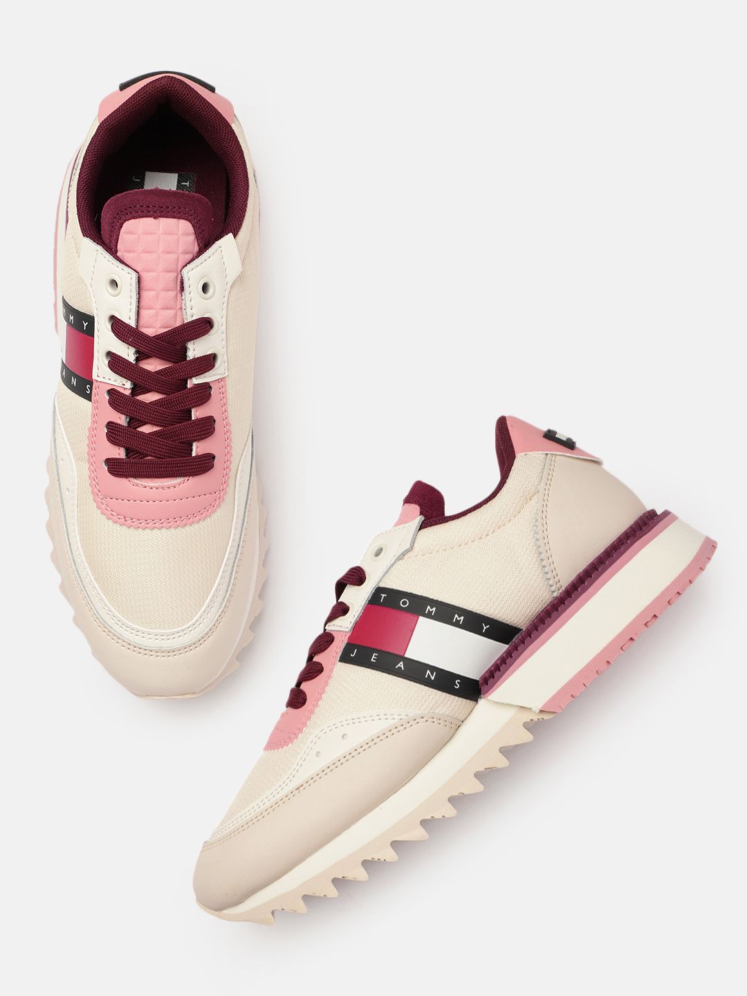 Tommy Hilfiger Women Beige & Burgundy Leather Sneakers Price in India