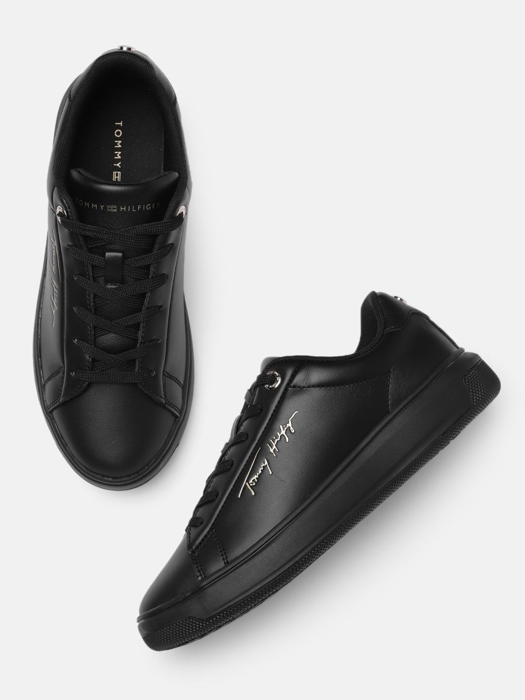 Tommy Hilfiger Women Black SIGNATURE COURT Leather Sneakers Price in India