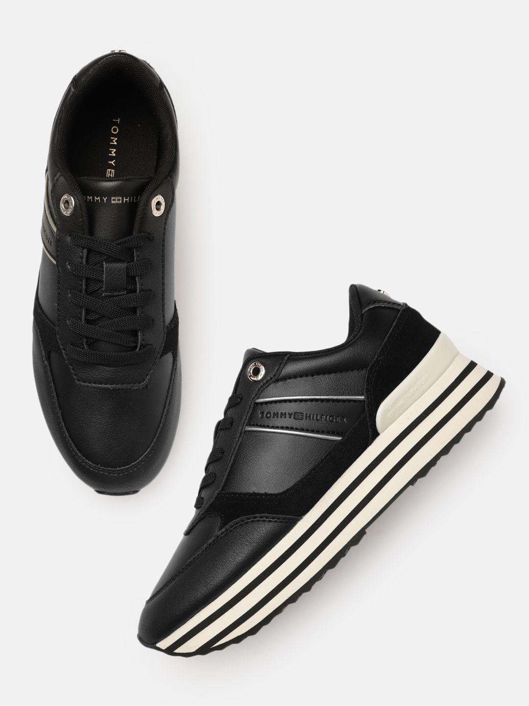 Tommy Hilfiger Women Black Leather Platform Sneakers Price in India