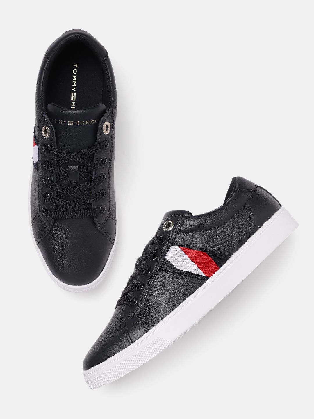 Tommy Hilfiger Women Navy Blue Leather Regular Sneakers With Brand Logo Applique Detail Price in India