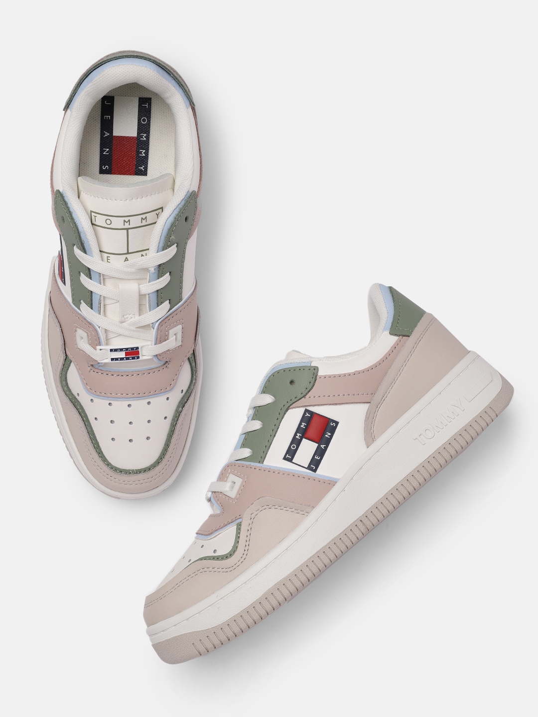 Tommy Hilfiger Women Beige Colourblocked Leather Sneakers Price in India