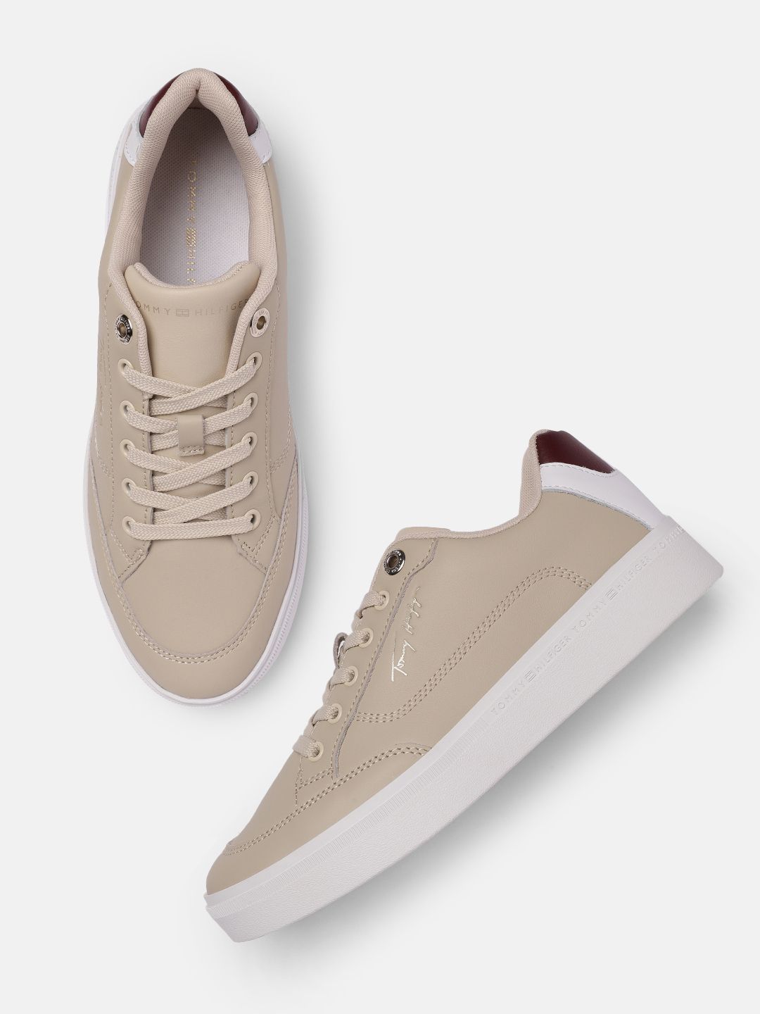 Tommy Hilfiger Women Beige Leather Sneakers Price in India