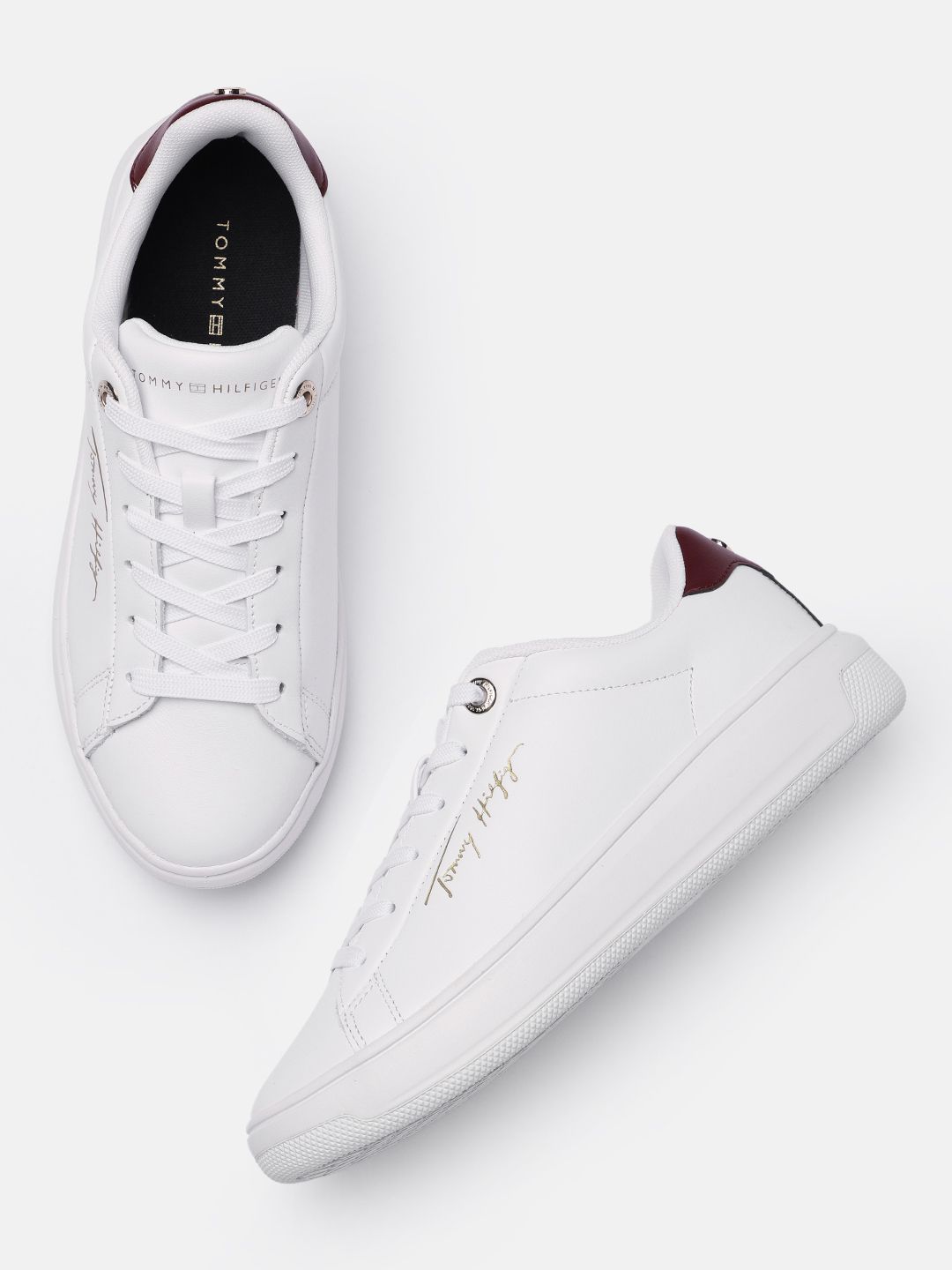 Tommy Hilfiger Women White & Burgundy SIGNATURE COURT Colourblocked Leather Sneakers Price in India