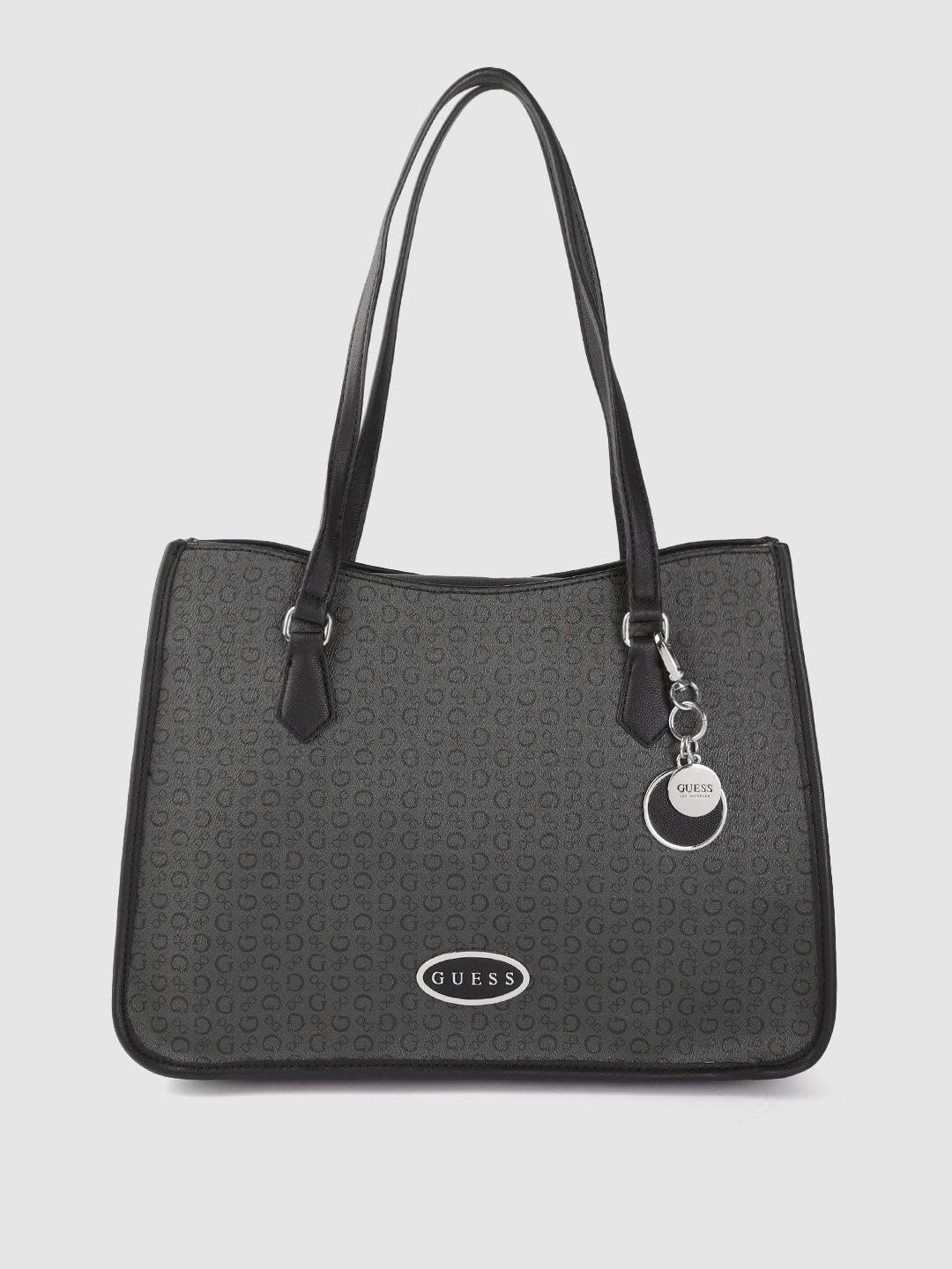GUESS Women Charcoal Grey & Black Brand Logo Print Structured Shoulder Bag Price in India