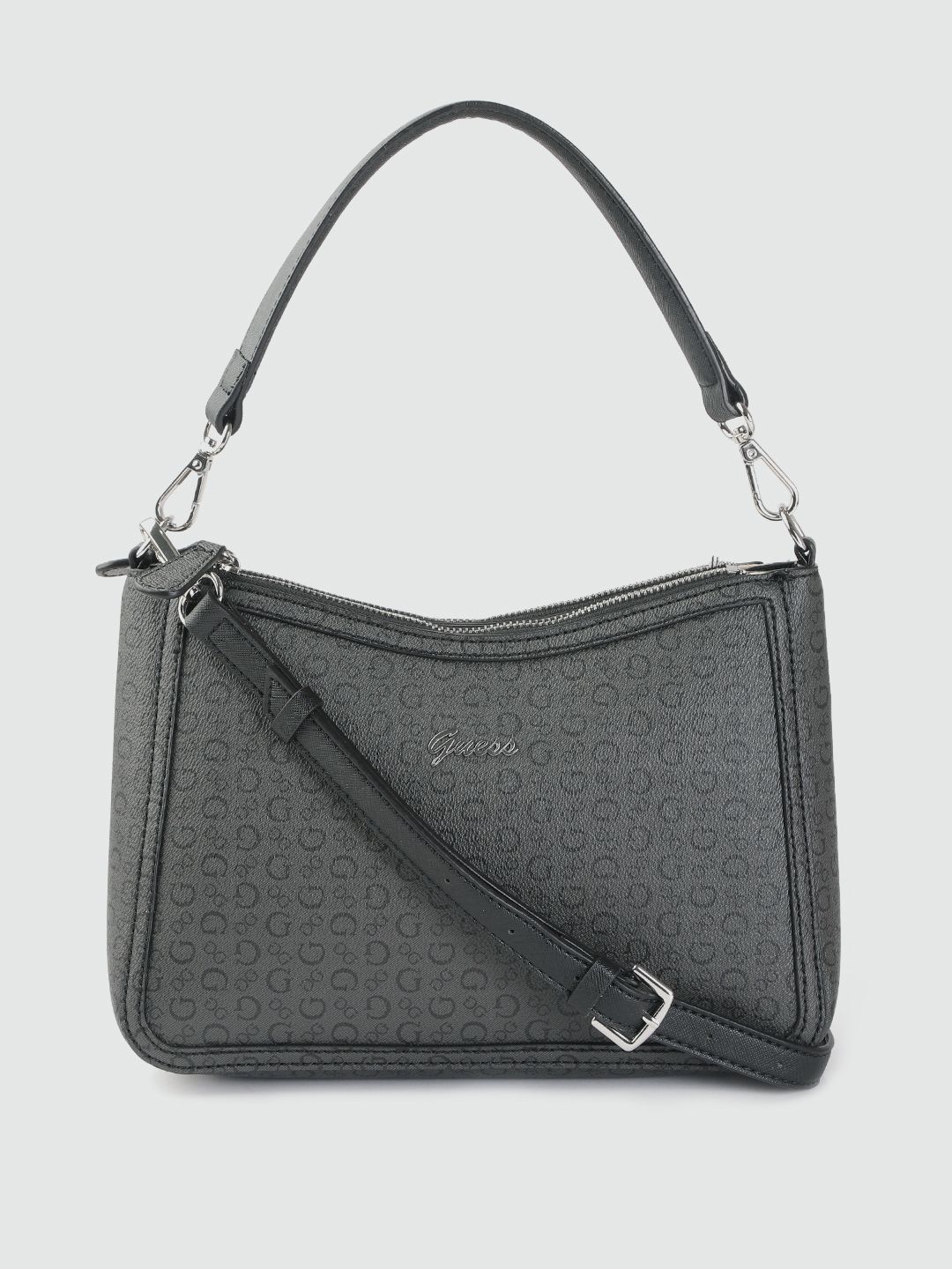 GUESS Women Charcoal Grey & Black Brand Logo Print Structured Handheld Bag Price in India