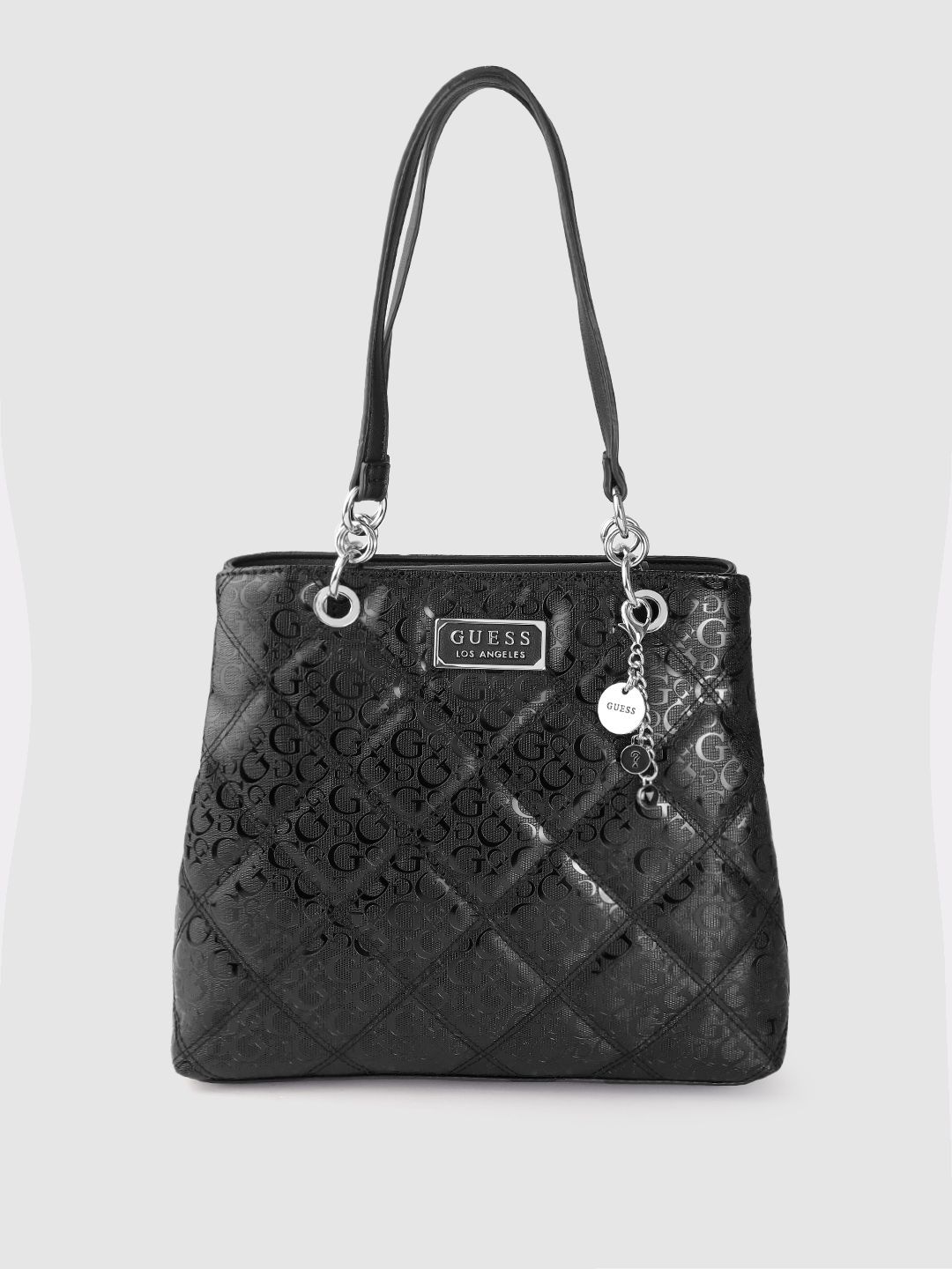 GUESS Black Brand Logo Textured Structured Handheld Bag with Quilted Detail Price in India