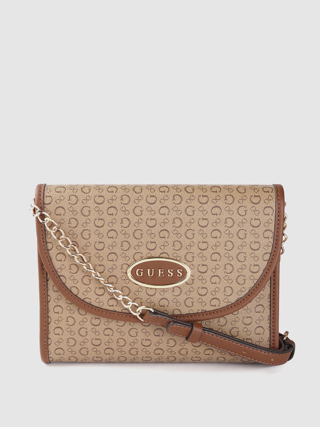 GUESS Brown Brand Logo Printed Structured Sling Bag Price in India