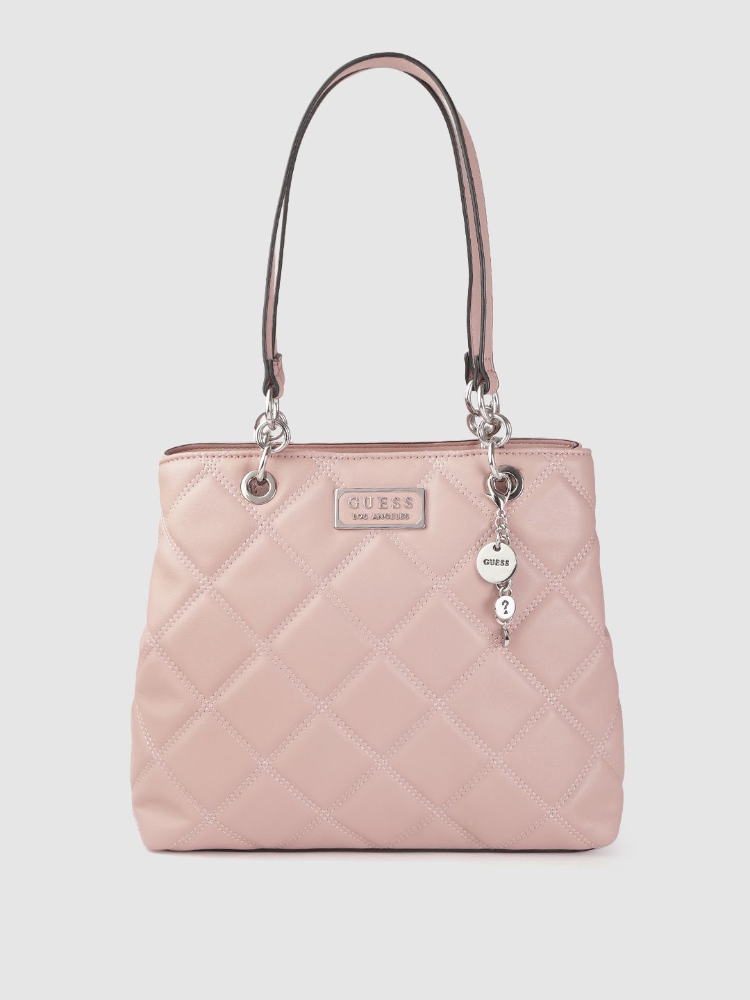 GUESS Pink Quilted Structured Shoulder Bag with Tab & Pouch Price in India