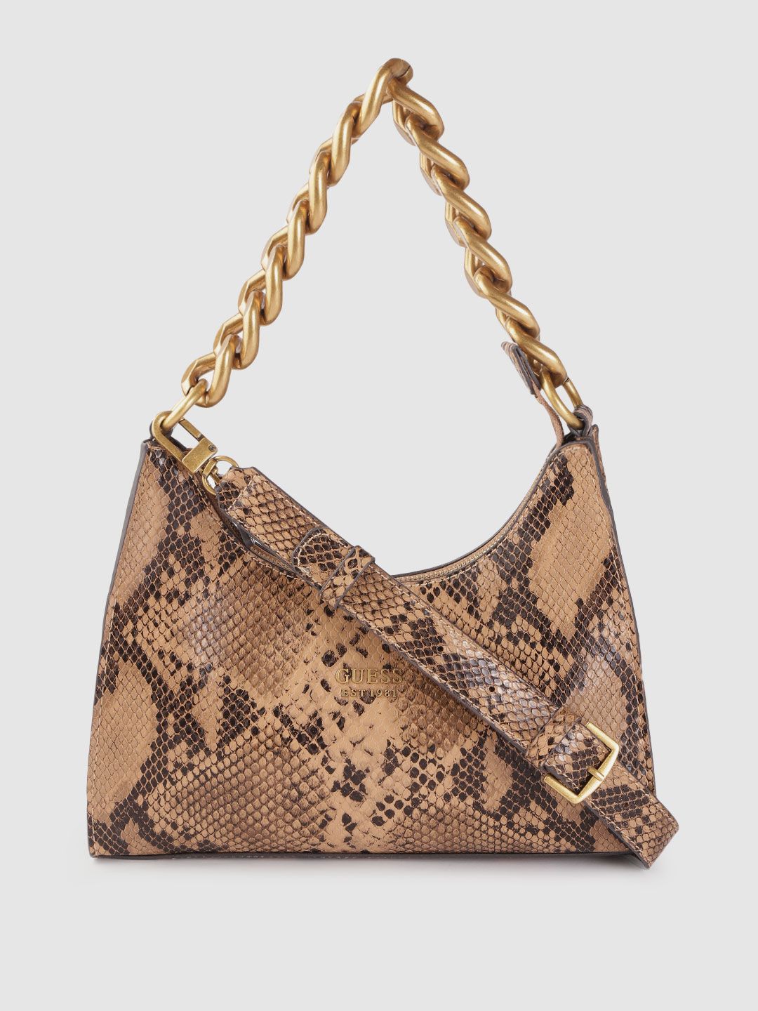 GUESS Beige & Coffee Brown Snakeskin Textured Hobo Bag with Detachable Sling Strap Price in India