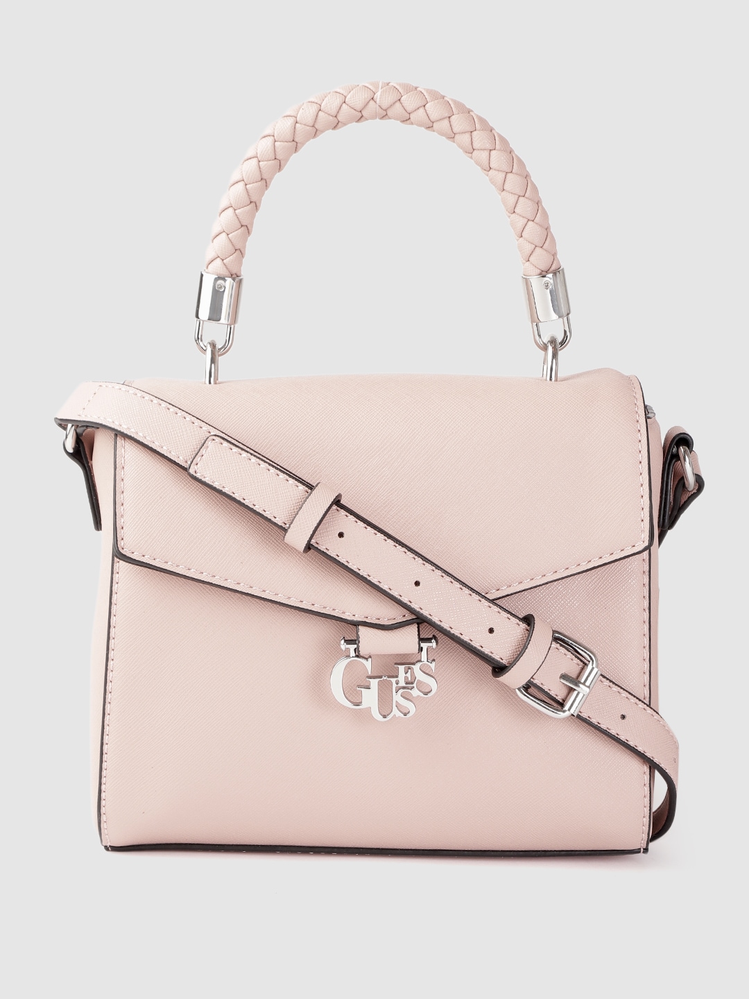 GUESS Pink Saffinao Textured Structured Satchel with Detachable Sling Strap Price in India