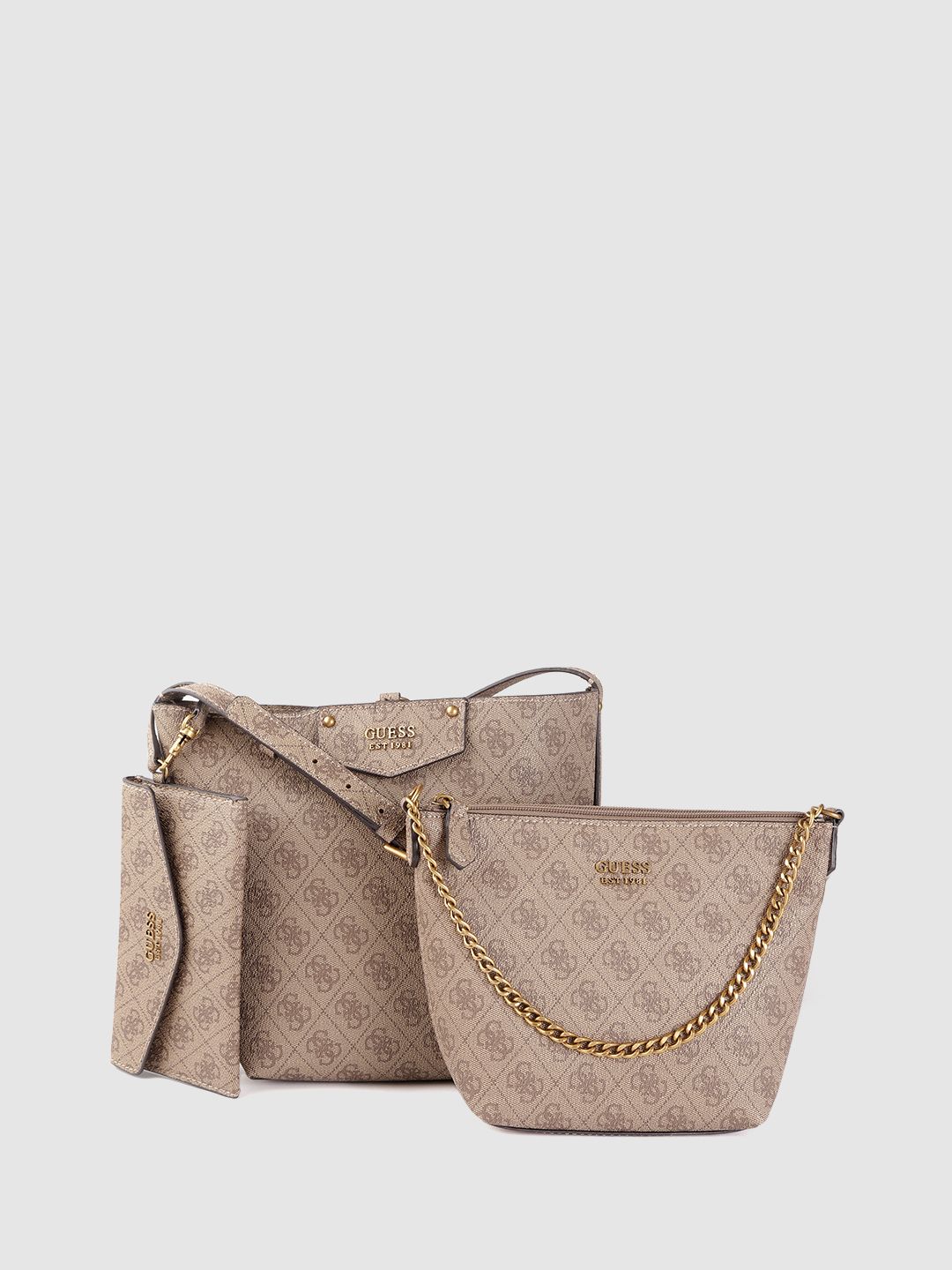 GUESS Beige Printed PU Structured Sling Bag Price in India