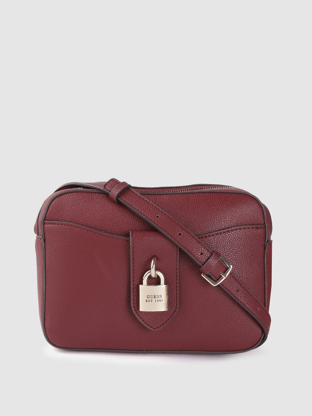 GUESS Burgundy Solid Structured Sling Bag Price in India