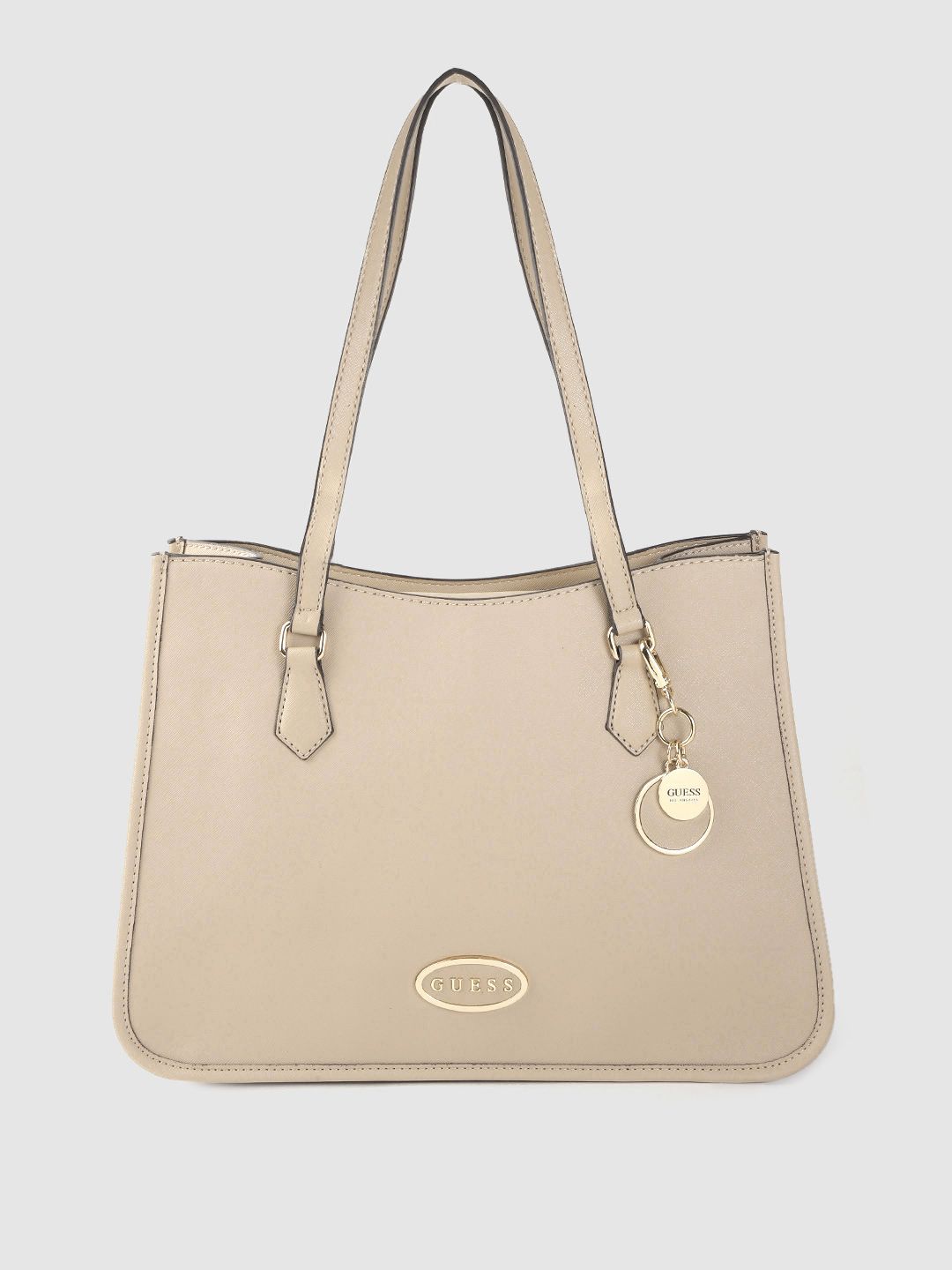 GUESS Women Beige Solid Structured Shoulder Bag Price in India