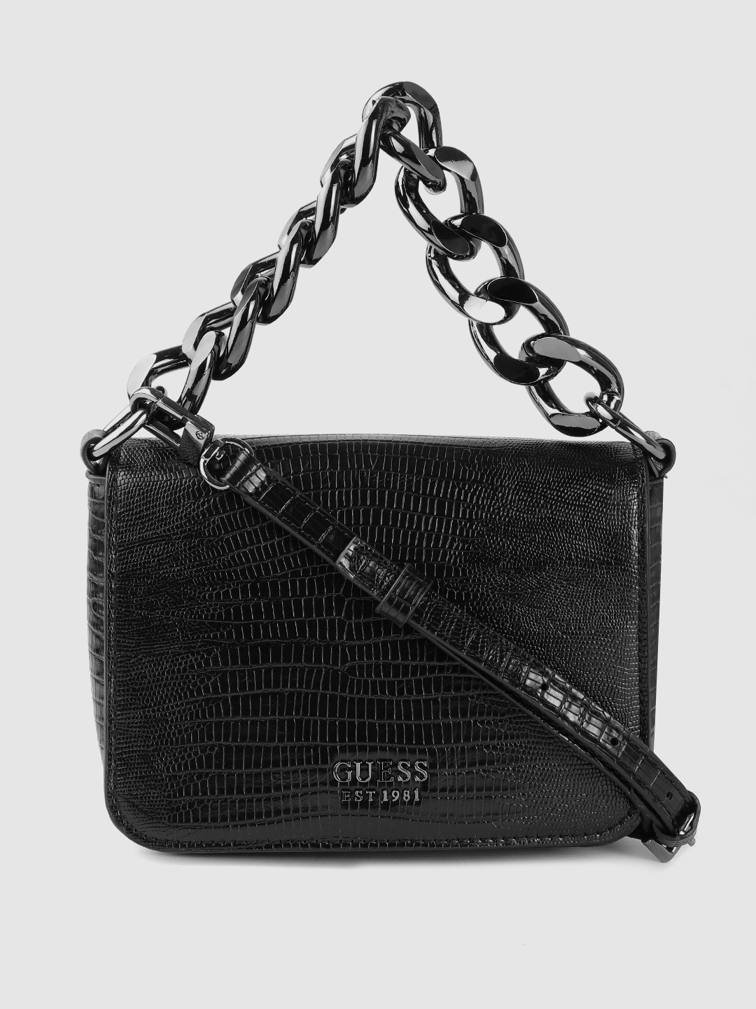 GUESS Women Black Snake Skin Textured Structured Handheld Bag Price in India