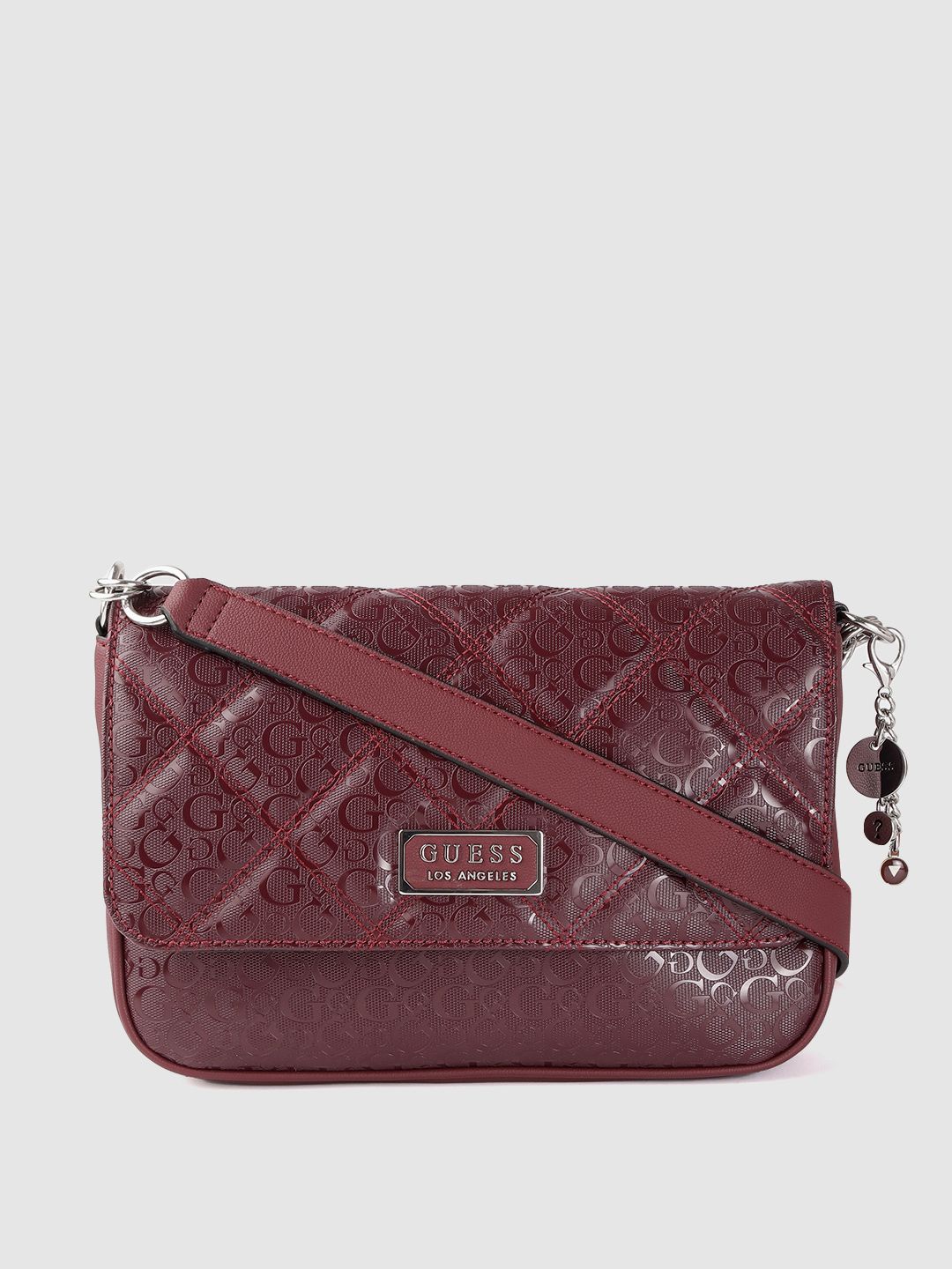 GUESS Women Maroon Brand Logo Textured Structured Sling Bag Price in India