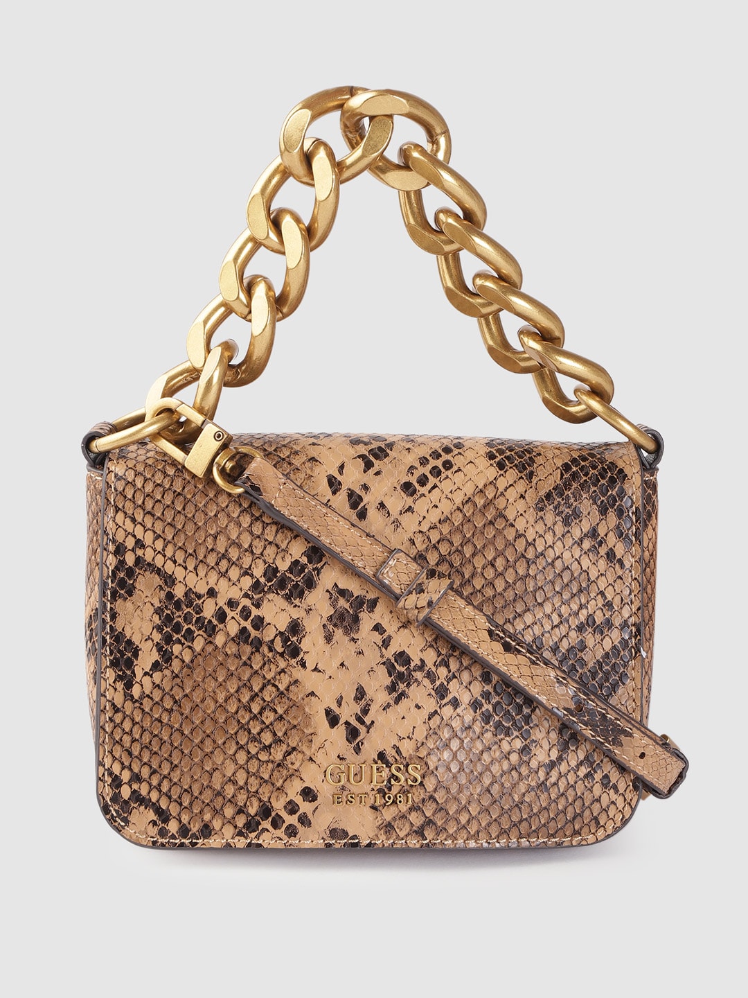 GUESS Beige & Coffee Brown Snakeskin Textured Handheld Bag with Detachable Sling Strap Price in India