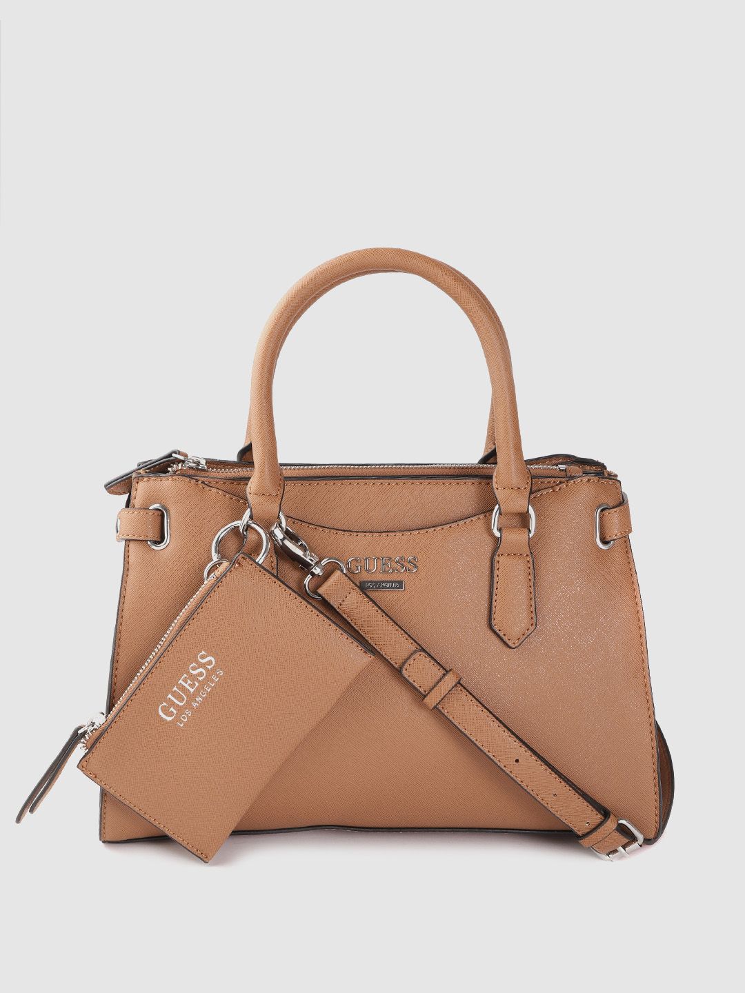 GUESS Camel Brown Saffiano Textured Handheld Bag with Pouch & Detachable Sling Strap Price in India