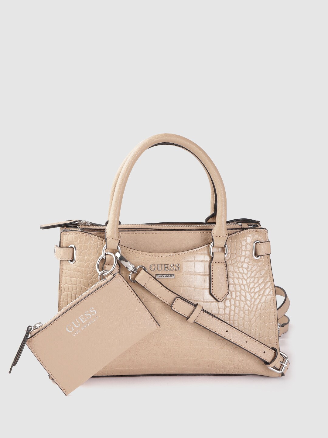 GUESS Beige Snakeskin Textured Handheld Bag with Detachable Sling Strap & Pouch Price in India