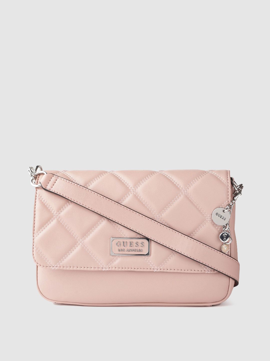 GUESS Women Dusty Pink Solid Structured Sling Bag with Quilted Price in India