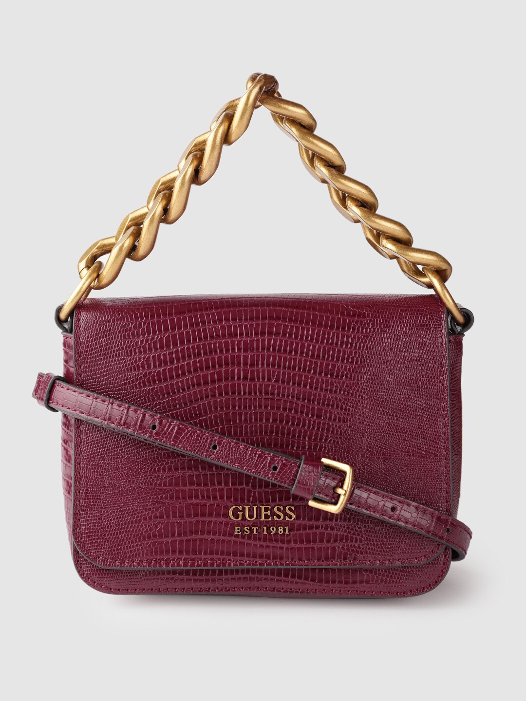 GUESS Women Maroon Snake Skin Textured Structured Handheld Bag Price in India