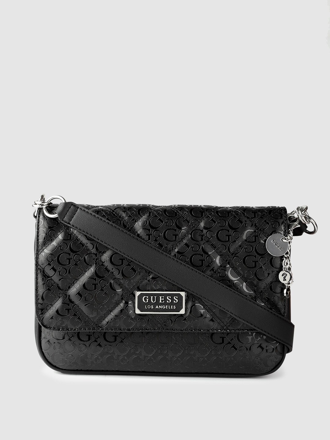 GUESS Women Black Brand Logo Textured Structured Sling Bag Price in India