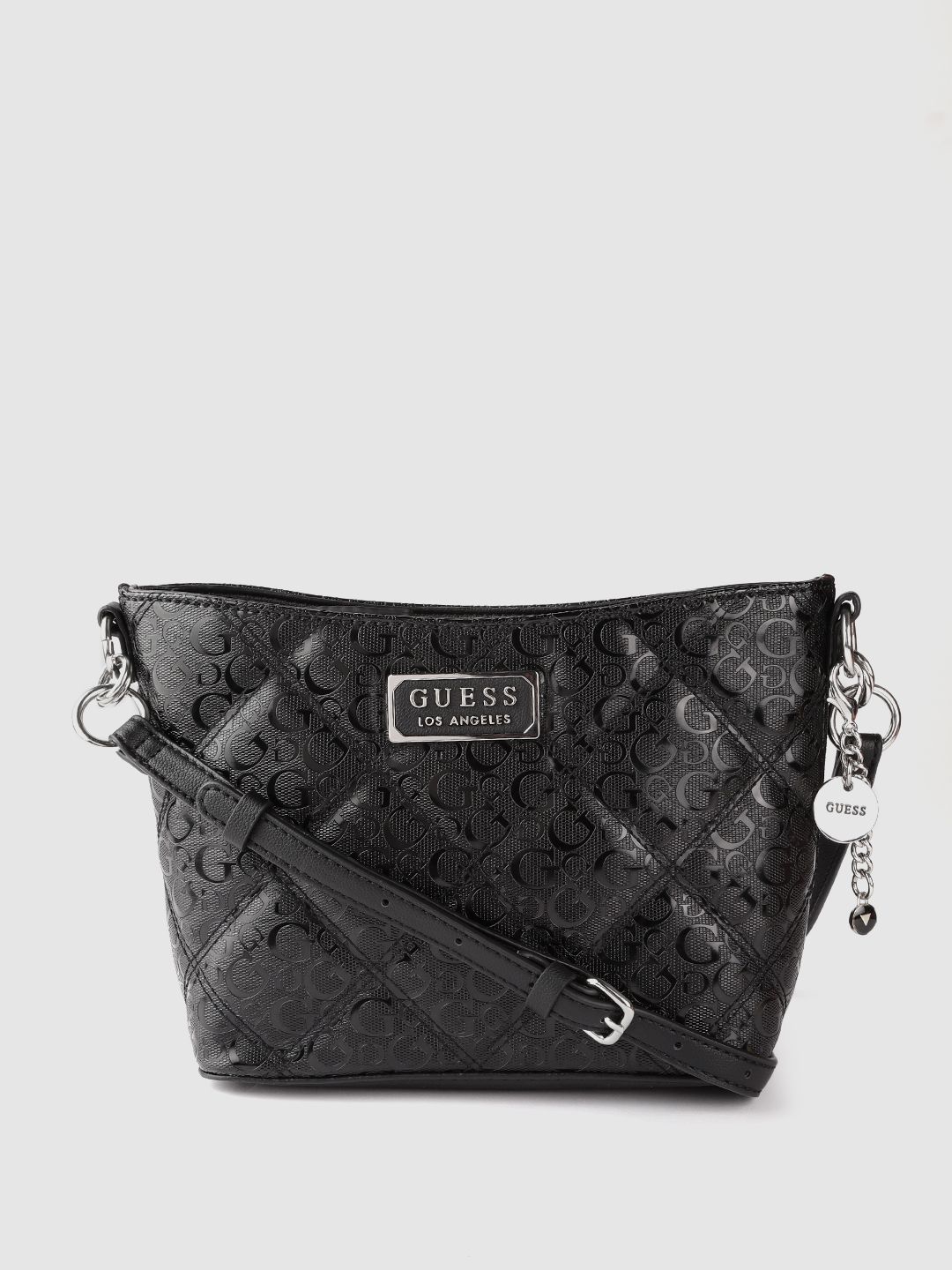 GUESS Black Quilted Structured Sling Bag with Tab & Non Detachable Sling Strap Price in India