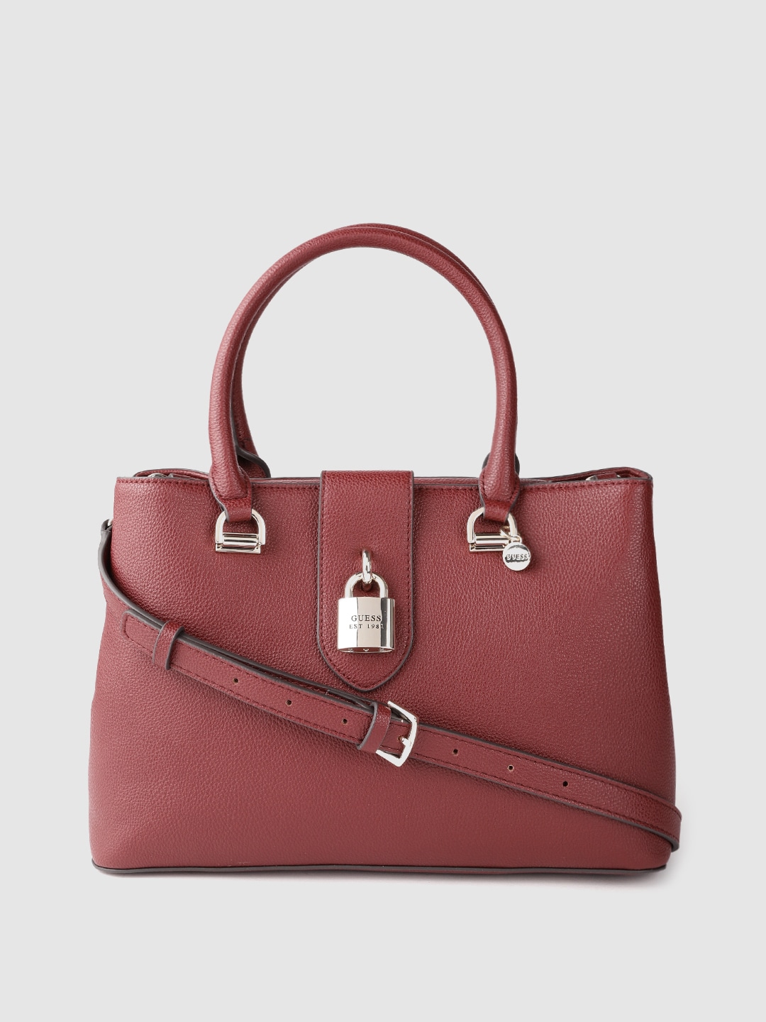GUESS Burgundy Solid Structured Shoulder Bag with Detachable Sling Strap & Pouch Price in India