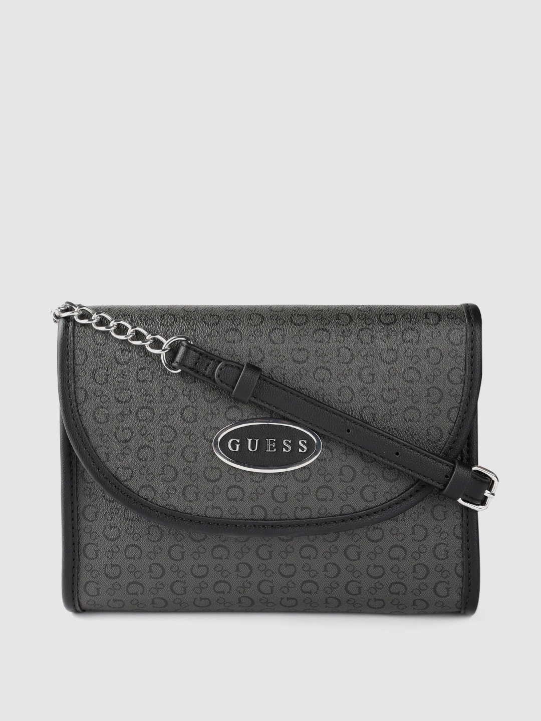 GUESS Charcoal Grey & Black Brand Logo Print Sling Bag & Non-Detachable Sling Strap Price in India